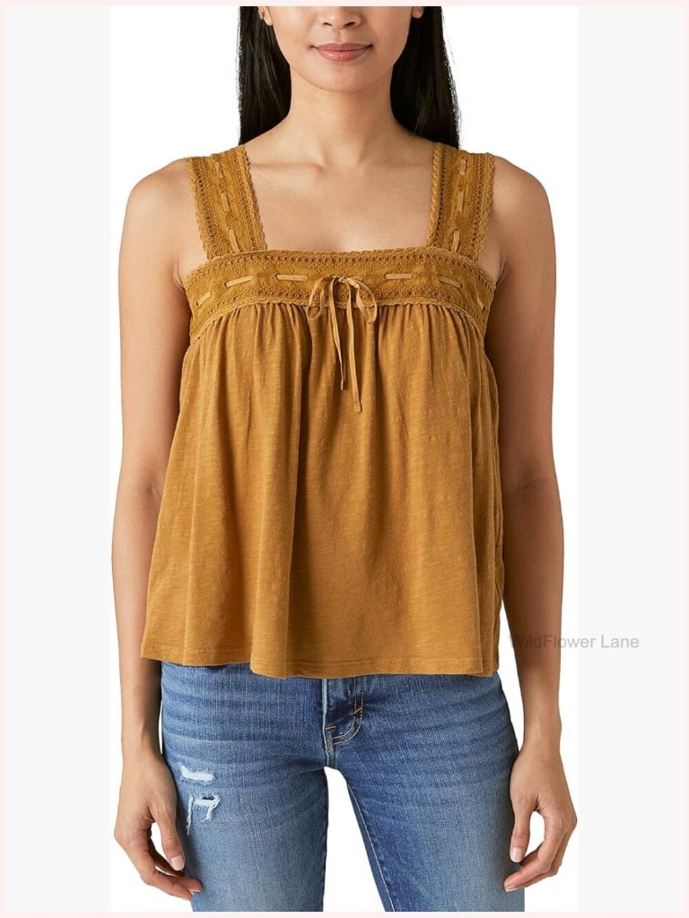 Square Neck Lace Tank - Cotton Modal Knit Top Sleeveless